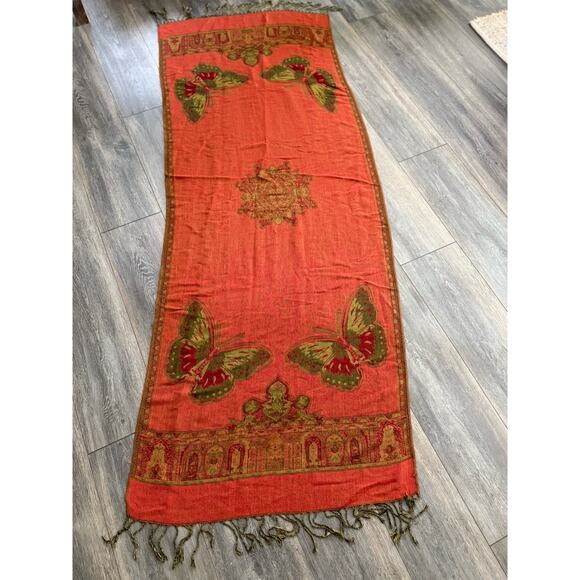 Rectangle Fringed Scarf Wrap Orange Green Butterfly Festival Artsy Hippie Boho - Picture 1 of 10